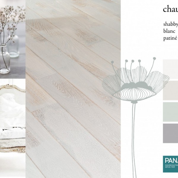 Parquet chêne Chaux, collections Panaget / Idées déco : une ambiance inondée de blanc et de verts tendres pour un intérieur de style Shabby chic.