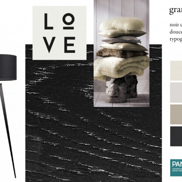 Parquet chêne Granit, collections Panaget / Idées déco : audace et matières luxueuses pour ce parquet noir à reflets.