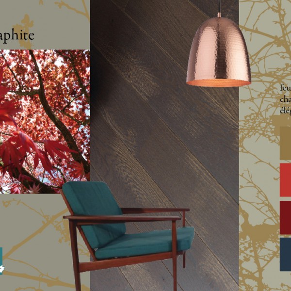 Parquet chêne Graphite, collections Panaget / Idées déco : ambiance feutrée avec des couleurs automnales et une touche de cuivre.