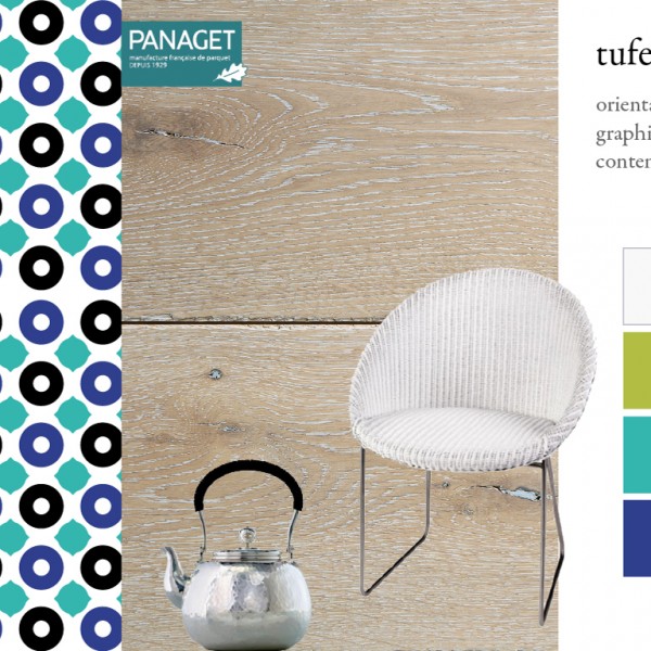 Parquet chêne Tufeau, collections Panaget / Idées déco : un style oriental contemporain, avec du mobilier blanc et des couleurs vives (bleus, vert) 